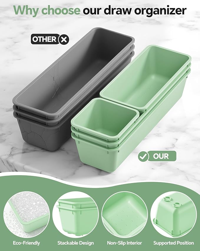 13 Pack Plastic Drawer Organizers Set, 3 Sizes Desk Drawer Organizer Trays for Vanity and Makeup Organizer, Organization and Storage for Makeup, Kitchen Utensils, Bathroom and Office(Green)