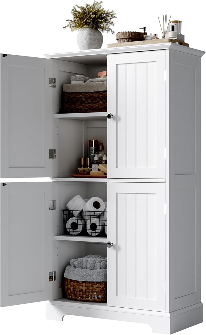 ChooChoo Bathroom Floor Cabinet, Modern Bathroom Storage Cabinet with 4 Doors and Adjustable Shelves, Freestanding Cupboard for Living Room, Kitchen Pantry, White