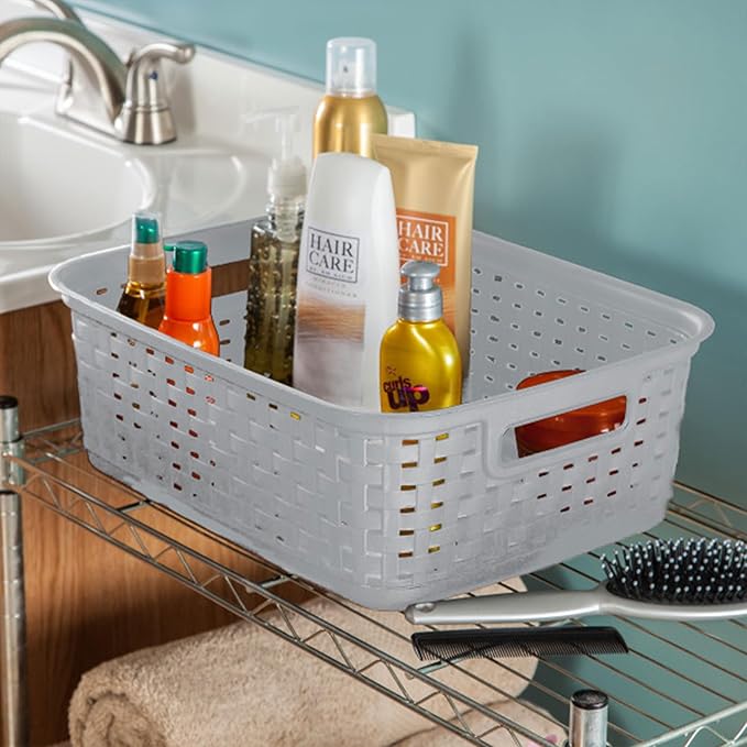 Sterilite Short Plastic Weave Storage Basket, Bin Organization for Countertops, Tabletops and Shelves for Crafts, Jewelry, Gray, 18-Pack