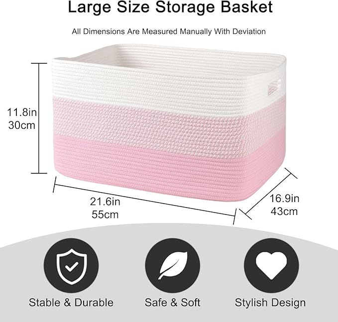 OIAHOMY Large Blanket Basket, 22”x17”x12” Rectangle Woven Baskets, Nursery Blanket Storage Living Room, Toy Storage With Handle, Large Baskets for Organizing - Pink/White