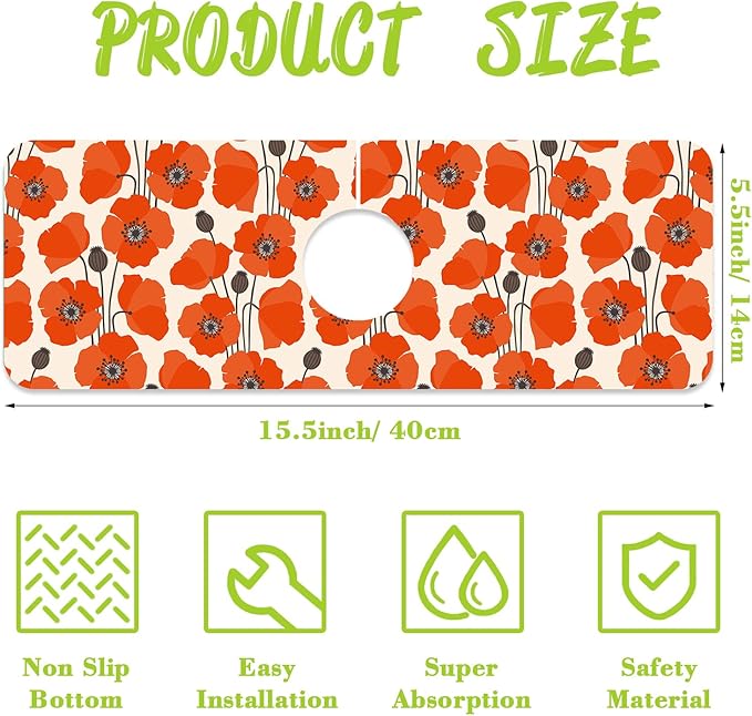 Sink Faucet Absorbing Mat Poppy Flowers Sink Splash Guard Drying Mat for Kitchen Bathroom Faucet Sinkmat 15.5"X5.5"