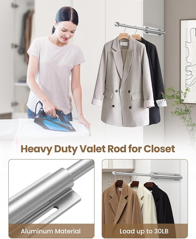 Valet Rod for Closet Pull Out, Retractable Slide Out Valet Rod Closet Organization, 12" Aluminum Valet Clothing Hanger Rods Perfect for Suits, Freshly Pressed Clothes, Matte Silver
