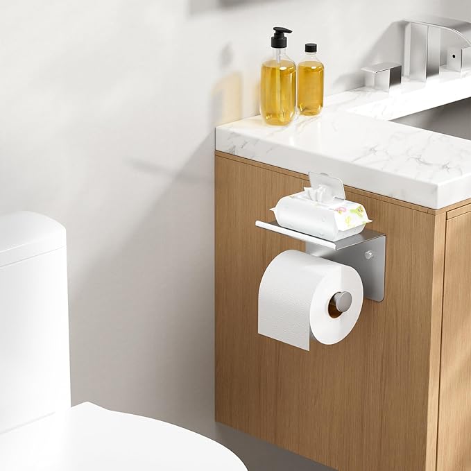 FORIOUS Toilet Paper Holder with Shelf, Adhesive or Screw Wall Mount Toilet Roll Holder for Bathroom, Rustproof 304 Stainless Steel Commercial Toilet Tissue Holder, 2 Pack Brushed Nickel