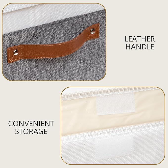 Yawinhe Collapsible Storage Bin, Cube Organizer Basket, Fabric Box with Lids, Washable and Leather Handle, for Home, Closet, White/Grey, 13.0''Lx9.0''Wx7.9''H, 7-Pack, SNK024WGS-7