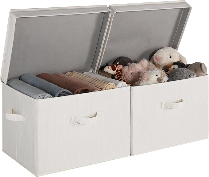 StorageWorks Closet Storage Bin with Lids, Decorative Storage Boxes with Handles, Fabric Storage Bins for Clothes, Jumbo, Mixing of Beige, White & Ivory, 2-Pack