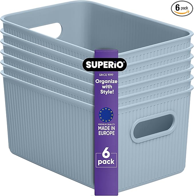 Superio Ribbed Collection - Decorative Plastic Basket Open Home Storage Bins Organizer, Medium Blue (6 Pack) Container Boxes for Organizing Closet Storage Bins for Shelves Drawer Shelf 5 Liter