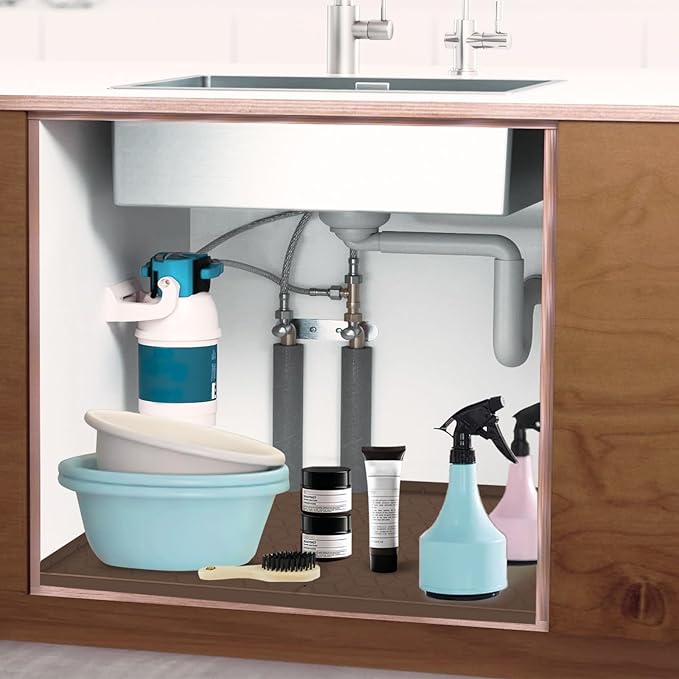Under Sink Mat for Kitchen, Silicone Waterproof Liner, Flexible Organizer Tray with Drain Hole, 3.7 Gallons Capacity, Easy to Clean