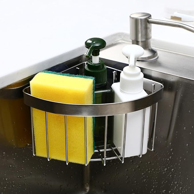Veemoon Suction Corner Stainless Steel Caddy, Kitchen Sink Sponge Holders And Organizers No Drilling Corner Rack Movable Faucet Basket - Strong Adsorption - for Shower Bathroom Kitch, 6. 29x4. 52x3.