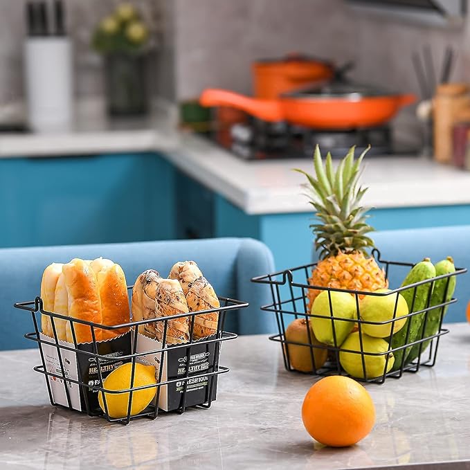 Wetheny 2 Tier Iron Fruit Basket Fruit Bowl for Kitchen Counter,Bread,Fruit and Vegetable Holder Storage Basket,Wire Hanging Basket stand for Kitchen Organizer, Matte Black