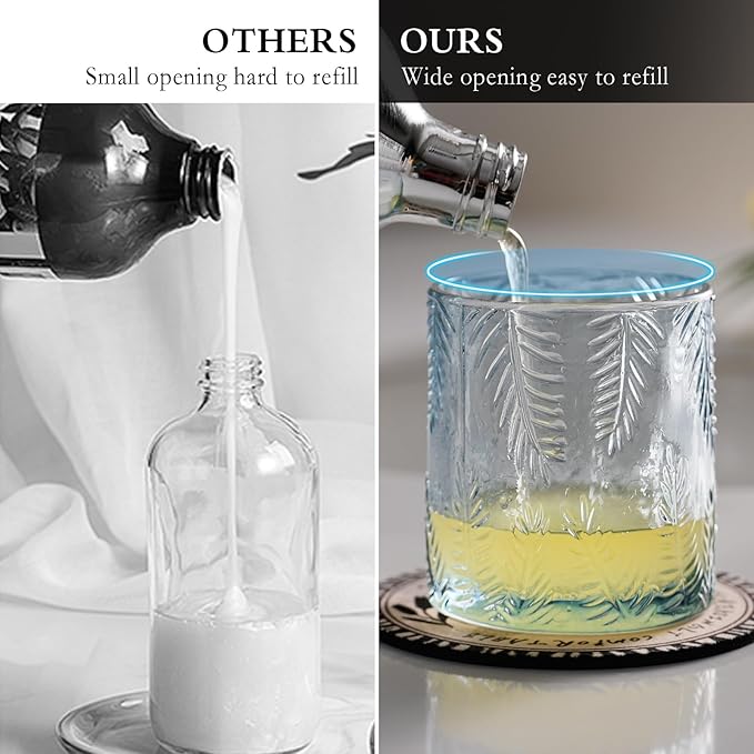 Glass Foam Soap Dispenser for Kitchen & Bathroom - Refillable Liquid Soap Dispenser with Large Silver Pump (Leaf Pattern-Blue)