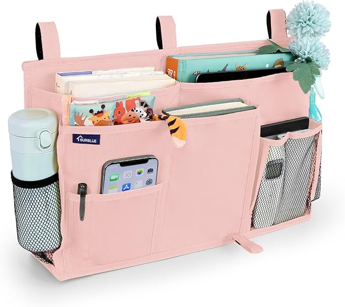 Surblue Bedside Caddy Hanging Bed Organizer Storage Bag Pocket for Bunk and Hospital Beds, College Dorm Rooms Baby Bed Rails, Camp 8 Pockets, (Large, Light Pink)