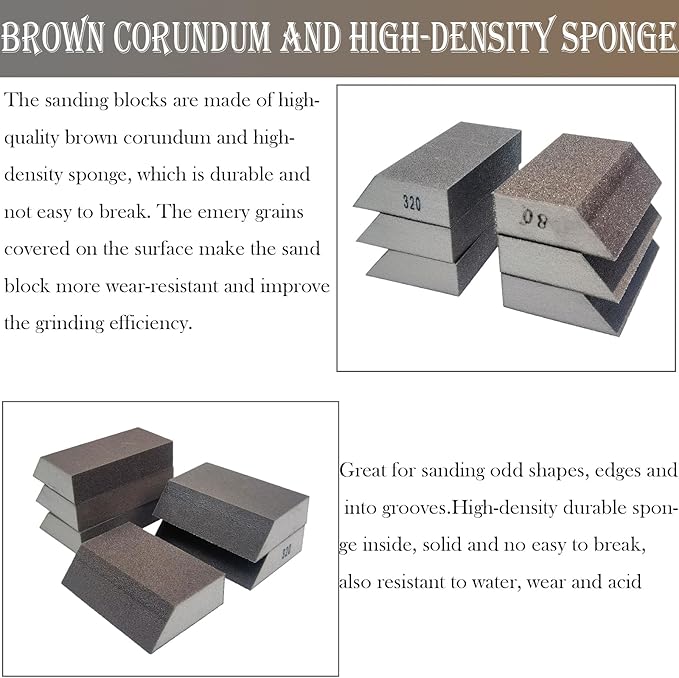 6 PCS Single Sanding Sponge Set - 80/100/120/180/220/320 Grit Sanding Blocks Assortment, Washable and Reusable