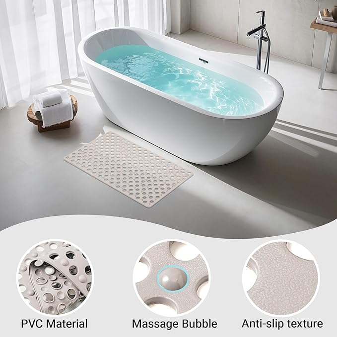 BREELEAM Non Slip Bathtub and Shower Mat 31x17 inch,Bath Mat with Quick Dry Drain Holes and Suction Cups, Soft Comfortable Safe Bathroom Mat for Bath Tub, Floor, Tile (Khaki)