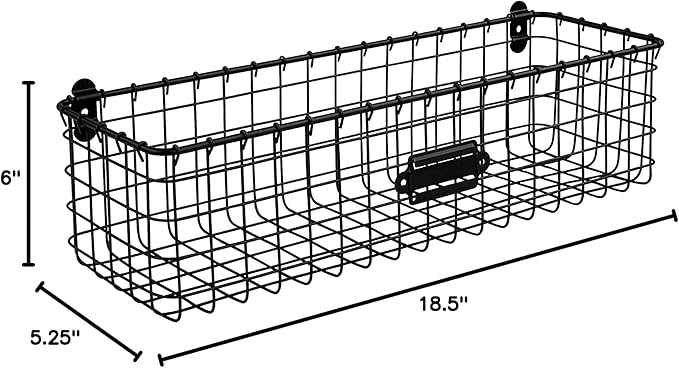 Spectrum Wall Mounted Wire Basket with Label Matte Black, Vintage Wire Basket Wall Mount Organizer for Kitchen Bathroom Laundry Pantry, Durable Steel Wall Mount Storage Basket