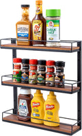 MyGift 3 Tier Wall Mounted Spice Rack, Black Metal and Burnt Solid Wood Kitchen Hanging Seasoning Shaker Spice Jar Condiment Bottle Shelf Pantry Organizer