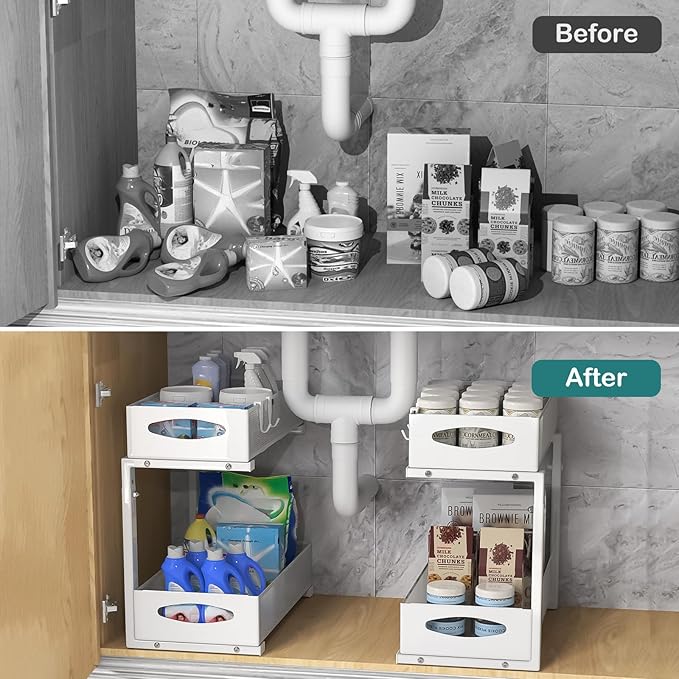 Housolution Under Sink Organizer, 2 Tier Metal Pull Out Under Sink Storage with Sliding Mesh Drawers, Height Adjustable Slide Out Under Sink Organizer for Kitchen Bathroom Cabinet, 2 Pack, White