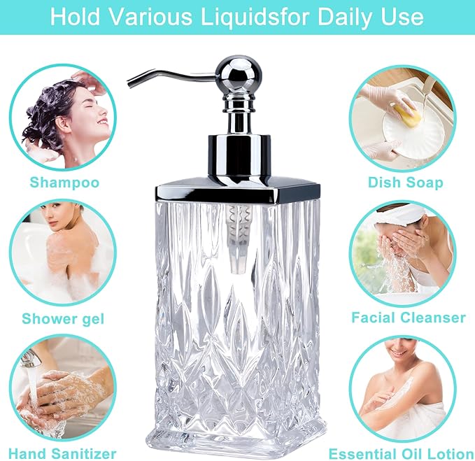 10Oz Clear Glass Soap Dispenser with Silver Pump,Lead-Free Thick-Cut Glass,Countertop Soap Dispensers for Bathroom & Kitchen,Square