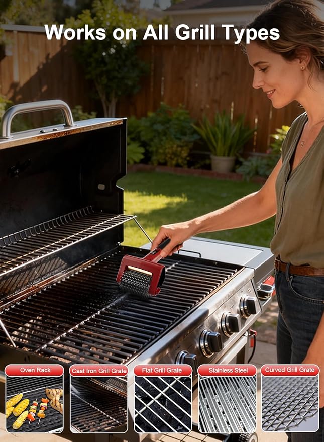 Electric Rechargeable Grill Brush, 650RPM Spinning Stainless Steel Bristle BBQ Brush, Bristle-Free Grill Cleaner for Outdoor & 2 PCS Scouring Pads - Heavy Duty Cordless Electric Tool with LED Light