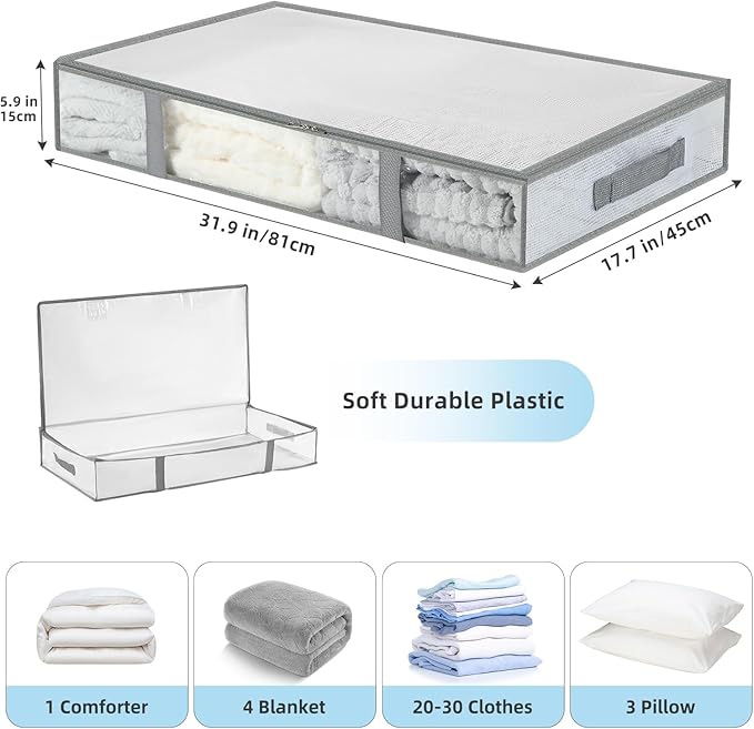 3 Pack Under Bed Storage Bags, Humid-proof Material Plastic Underbed Storage Containers, Blanket/Clothes Storage Bins with Lid, Closet/Bedding Comforter/Sheet Storage and Organizer
