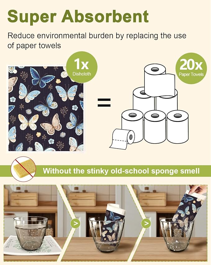 8 Pack Reusable Kitchen Swedish Dishcloths for Washing Dishes Cloths Absorbent Fast Drying Cleaning Sponge Cute Decorate Washable Swedish Towels, Butterfly