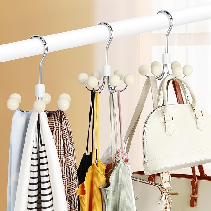 TOPIA HANGER Hoodie Hangers with 6 Wood Balls, 360°Swivel Purse Hanger, Scarf Hanger, Closet Hooks, Handbag Organizer, Bra Hanger, Accessory Organizers for Scarf, Tanktop, Hat, Hoodie CT56W