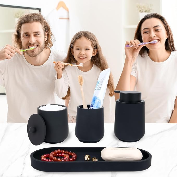 Black Bathroom Accessories Set - 4 Pcs Bathroom Accessory Sets with Toothbrush Holder,Lotion Soap Dispenser,Qtip Holder Dispensr & Vanity Tray,Bathroom Countertop Vanity Oganizer - Matte Black