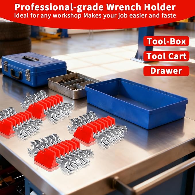 80 Pcs Modular Wrench Organizer Holder Set with Metric & SAE Labels, Wrench Rack for Toolbox Drawer Storage, Includes 9-Grid Clear Parts Box (Red)