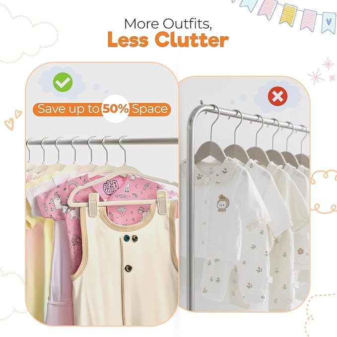 Velvet Baby Hangers with Clips (30 Pack) | 11” Ultra-Slim Baby Clothes Hangers | Non-Slip Felt | Space-Saving Nursery & Infant Closet Organizer | Beige