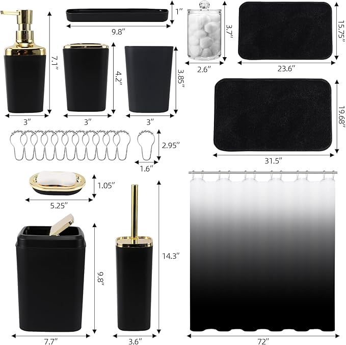 Bathroom Set - Black Bathroom Accessories Set, Bathroom Sets with Shower Curtain and Rugs, 24PC Shower Curtain Set with Hooks, Soap Dispenser, Soap Dish, Toilet Brush Holder and Trash Can