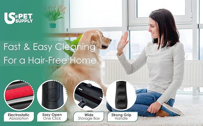 US PET SUPPLY Pet Hair Remover Roller-Reusable, Self Cleaning Lint Roller for Pet Hair Removal on Furniture, Carpets, Clothes & Car Seats-Dog & Cat Hair Remover No Sticky Tapes (Black)