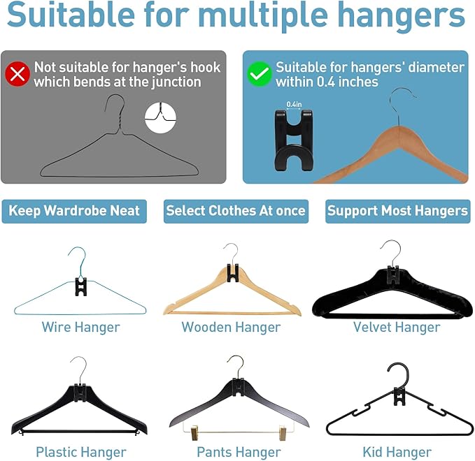 100 PCS Clothes Hanger Connector S Shaped Hooks,Plastic Reusable Space Saving Heavy Duty Hanger Extender Clips for Closet Organizer,Includes 1 Mesh Storage Bag(Black)