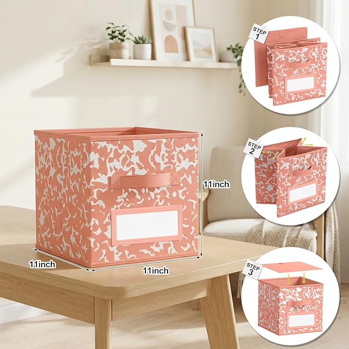 LemonRoad 6 Fabric Storage Cube 11 Inch Foldable Marble Storage Bin with Label for Organizing Pantry, Toy Box, Clothes Closet Collapsible Basket for School Organizing with Handle(Macaron, Label Style)