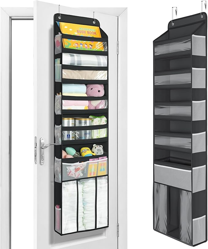 Yecaye 6 Tier Over the Door Organizer with Detachable Bin, Stuffed Animal Storage with Clear PVC Windows, Door Organizer Hanging for Bedroom Nursery Closet Dorm Room Laundry Pantry Bathroom, Black