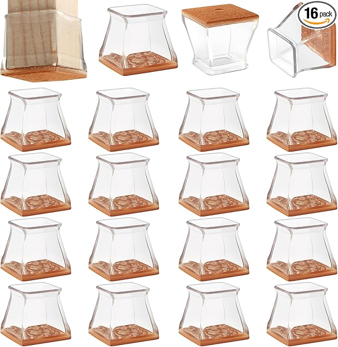 CHUNZEXI 16 Pack Square Chair Leg Floor Protectors for Hardwood Floors, Silicone Felt Covers Pads Caps, Protect Wood Furniture Feet Floors Noise Reduce and Scratch (Square Small & Clear)