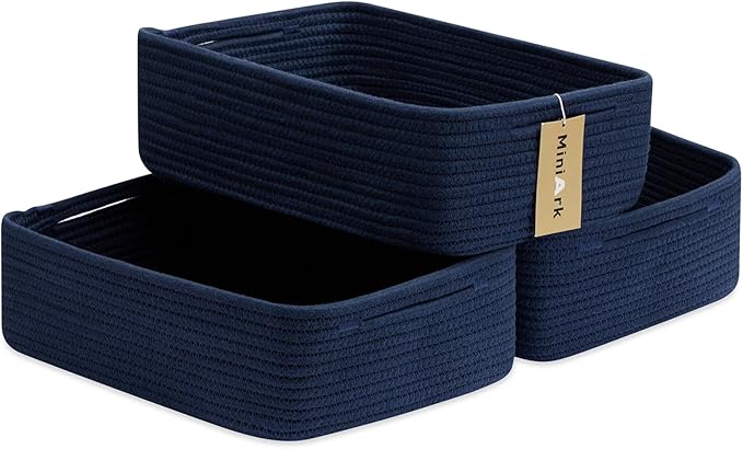 Large Shallow Organizing Baskets 15x11x5.1 Inches - Rope Woven Storage Bins for Bathroom, Shelves, Cube Closet, Navy Blue 3 Packs
