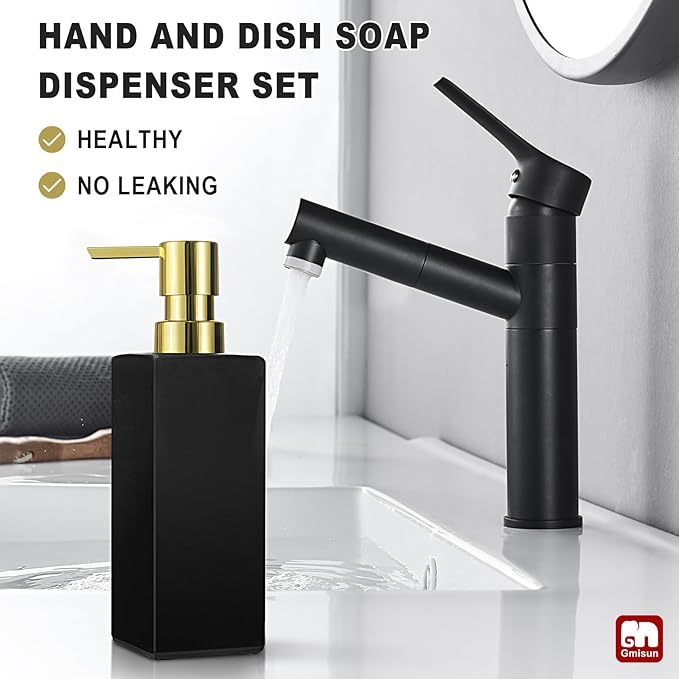 GMISUN Gold Hand Soap Dispenser, Black Glass Soap Dispenser with Gold Pump for Bathroom, 12 fl oz/350ml Refillable Dish Dispensers for Kitchen, Modern Liquid Lotion Bottles for Countertop