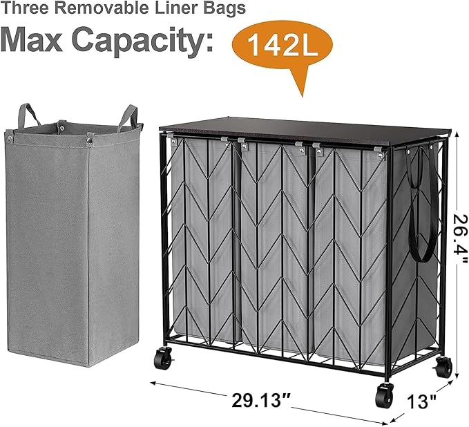 WOWLIVE Laundry Basket with Wheels, 142L Hamper 3 Section with Lid, Dirty Clothes Hamper with Removable Bags, Large Capacity Iron-Made Organizer Laundry Sorter for Dorm, Grey