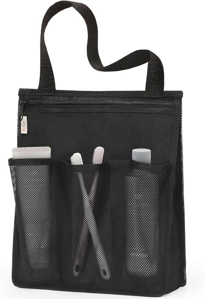 famichan Portable Shower Caddy, Gym Travel Camp Dorm Room Essentials for College Student Boy Girl，Black Bathroom Mesh Shower Bag