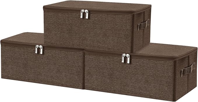 ANMINY 3PCS Storage Bins with Zipper Lids 13 Qt Lidded Fabric Storage Boxes Baskets Cubes with Handles Collapsible Washable Cotton Linen Closet Shelf Clothes Organizer Containers - Coffee, Small