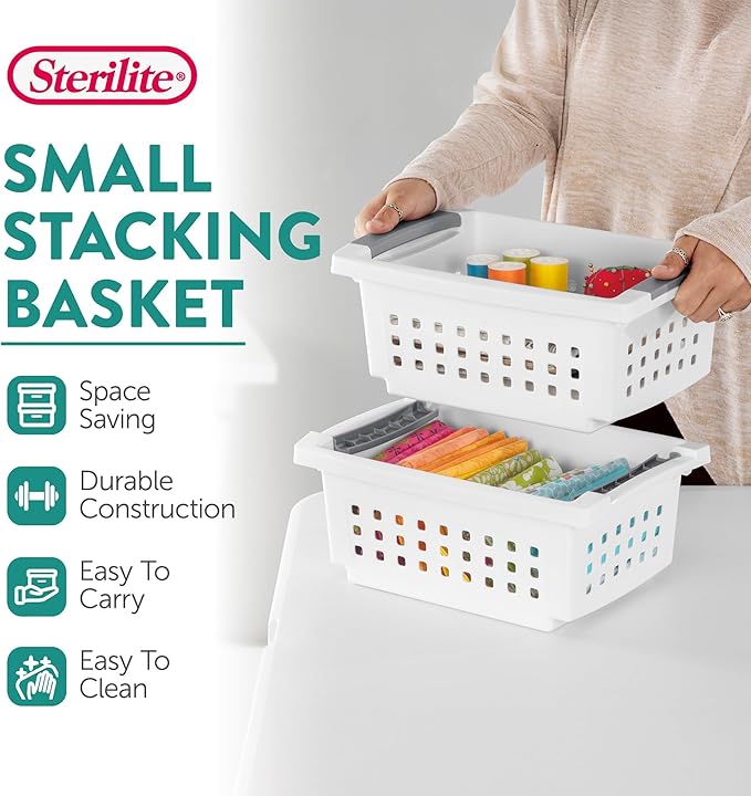 Sterilite Small Plastic Stacking Storage Basket Container Totes w/Comfort Grip Handles and Flip Down Rails for Household Organization, 8 Pack, White