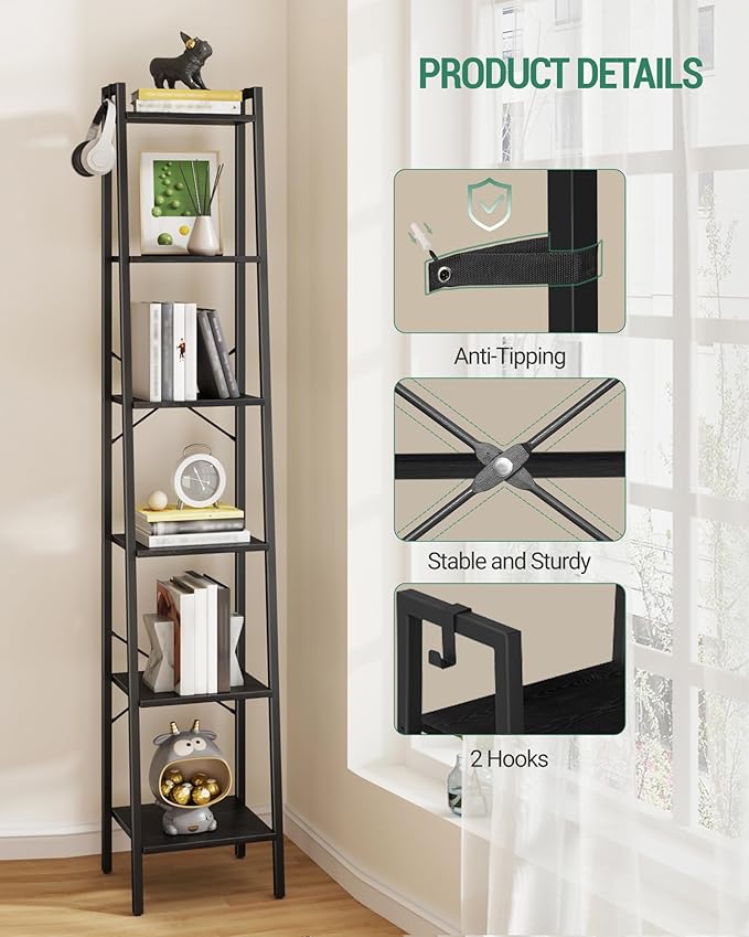 Ladder Shelf, Bookshelf Bookcase, Freestanding Corner Storage Shelve with 2 Hooks for Home Office, Living Room, Kitchen, Bedroom, Industrial, 11.8" D x 13.4" W x 72.8" H, Black BC13304B