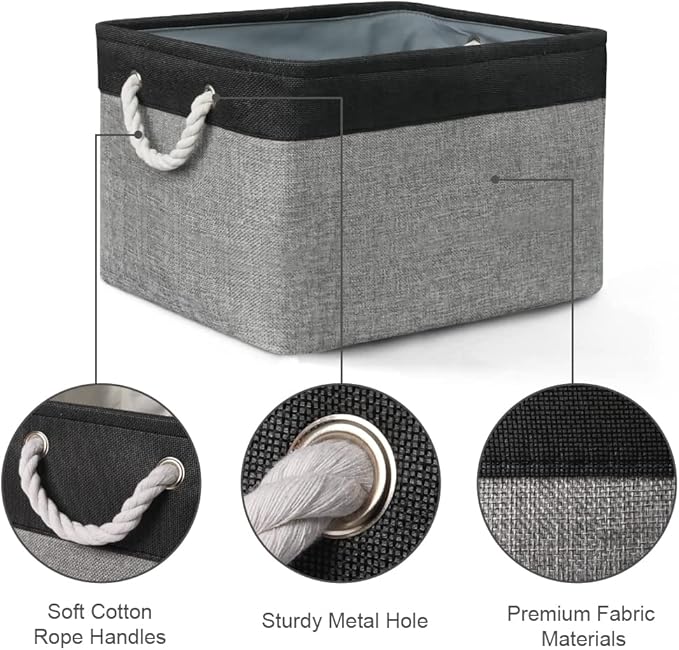 Sacyic Organization and Storage Bins for Shelves - 17X15X12 inch 2 Pack Foldable Baskets for Organizing, Fabric Storage Cubes with Rope, Storage Box for Decorative Cloth (Black & Grey)