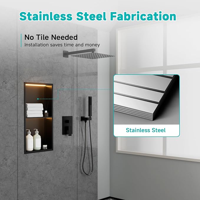 TSIBOMU 12" X 24" Stainless Steel Shower Niche with LED Lights, Matte Black Double Shelves Recessed Shower Niche No Tile Needed for Bathroom/Bedroom Storage