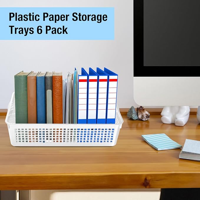 A4 Size Plastic Storage Basket Tray,6 Pack Plastic Paper Storage Trays,Desktop File Paper Letter Organizer Basket for Classroom, Office, Home (White)