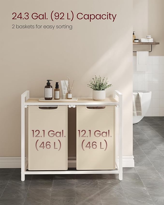 VASAGLE Laundry Hamper, Laundry Basket Sorter with 2 Pull-Out and Removable Bags, Shelf, Metal Frame, 2 x 12.1 Gallons (46 L), 28.8 x 13 x 28.4 Inches, Cappuccino Beige and Natural Beige UBLH201LH01