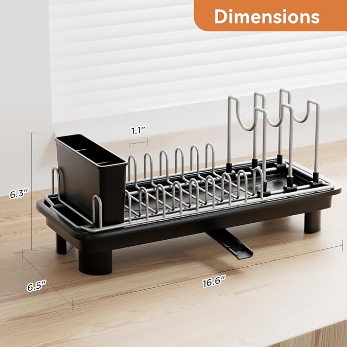Small Dish Drying Rack, Compact Dish Drainer for Kitchen Counter, with Adjustable Back Slots, Space-Saving for Small Kitchens, Black