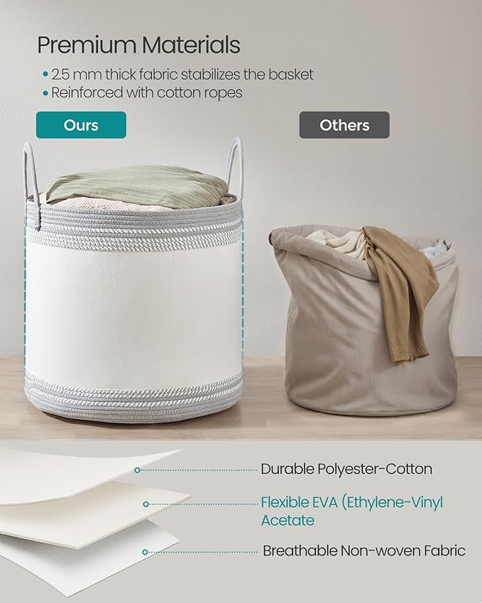 SONGMICS Laundry Hamper, Cotton Rope Laundry Basket with Handles, for Clothing, Living Room, Bedroom, 23.8 Gallons, 19.7 x 19.7 x 18.1 Inches, Cloud White and Dove Gray URLH090G01