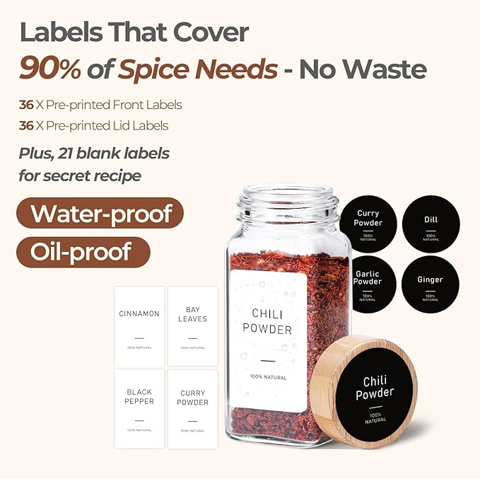 ComSaf Spice Jars with Label 4 oz 24Pcs, Glass Spice Jars with 6 Extra Shaker Inserts and 93 Labels, Seasoning Set with Bamboo Lids and Metal Funnel, Square Containers for Organization, Salt, Pepper
