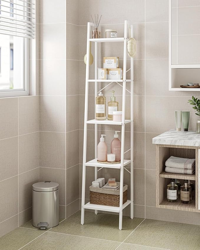 Ladder Shelf, Bookshelf Bookcase, Freestanding Corner Storage Shelve with 2 Hooks for Home Office, Living Room, Kitchen, Bedroom, Industrial, 5-Tier White BC03213W