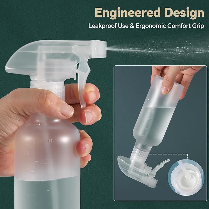 Leakproof Spray Bottles (2 Pack 10 oz), Adjustable Fine Mist & Jet Stream Nozzle, Premium BPA-Free Frosted Plastic Multi-Purpose for Hair, Plants, Cleaning (2 PACK GREEN)